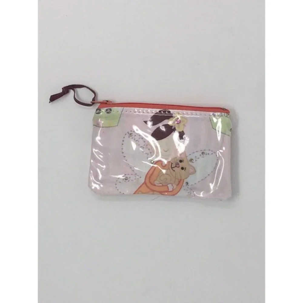 M. Andonia Girls Pink Coin Purse Fabric and Vinyl with Fairy and Cat Print NEW
